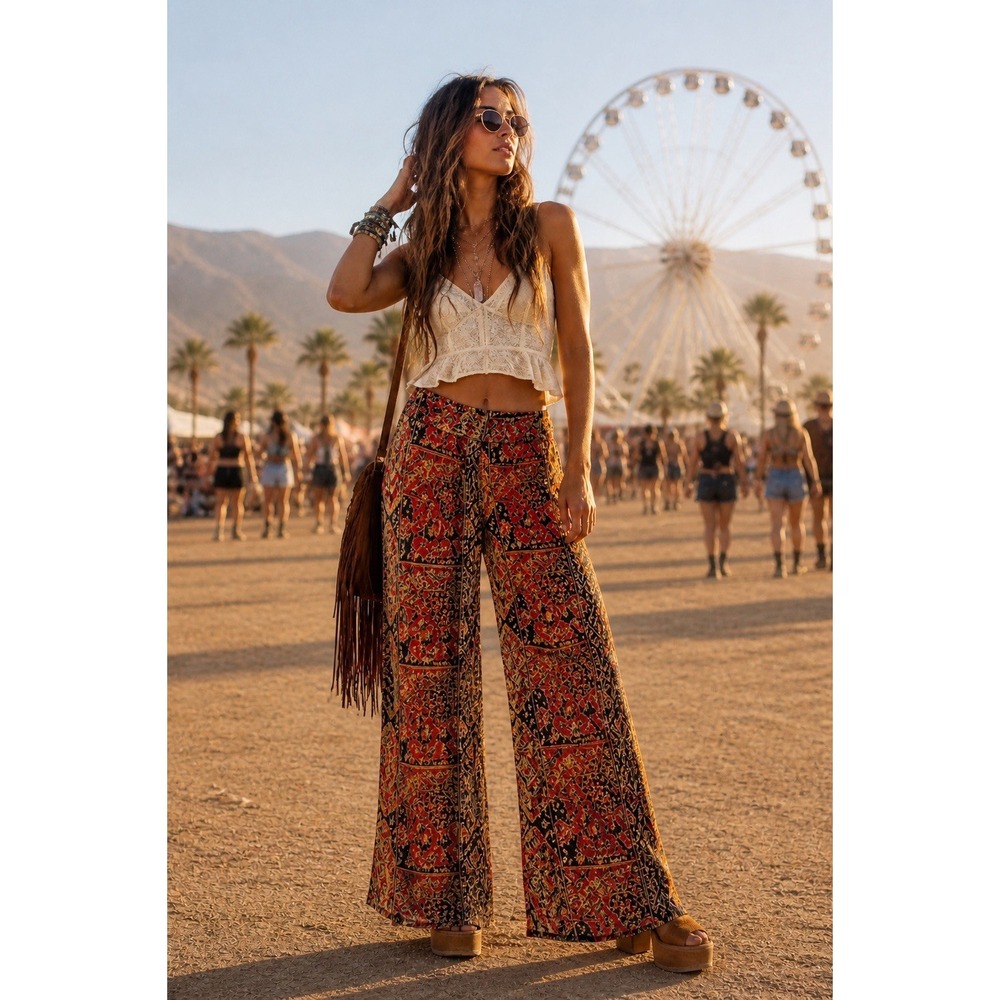 Fora Sheer Wide Leg Pants L Red Baroque Print Boho Festival w Built In Shorts